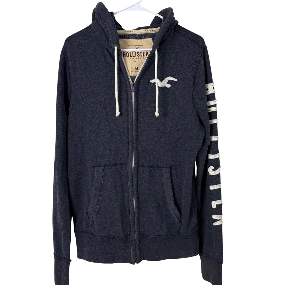 Y2K Hollister Zip Up Hoodie Womens M Navy Blue Logo Sleeve Fleece Sweatshirt